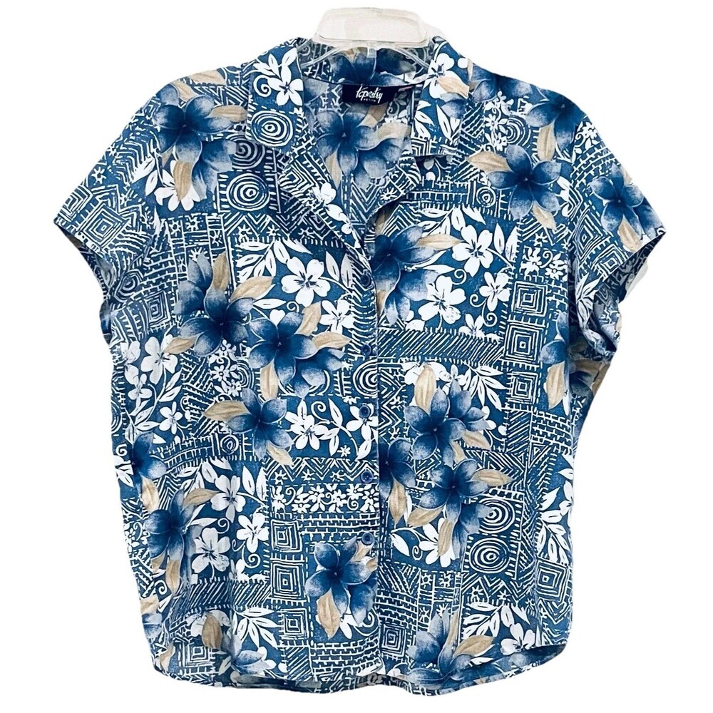 Vintage Tapestry Blue Floral Cap Sleeve Button Up Blouse Petite XL Made In USA